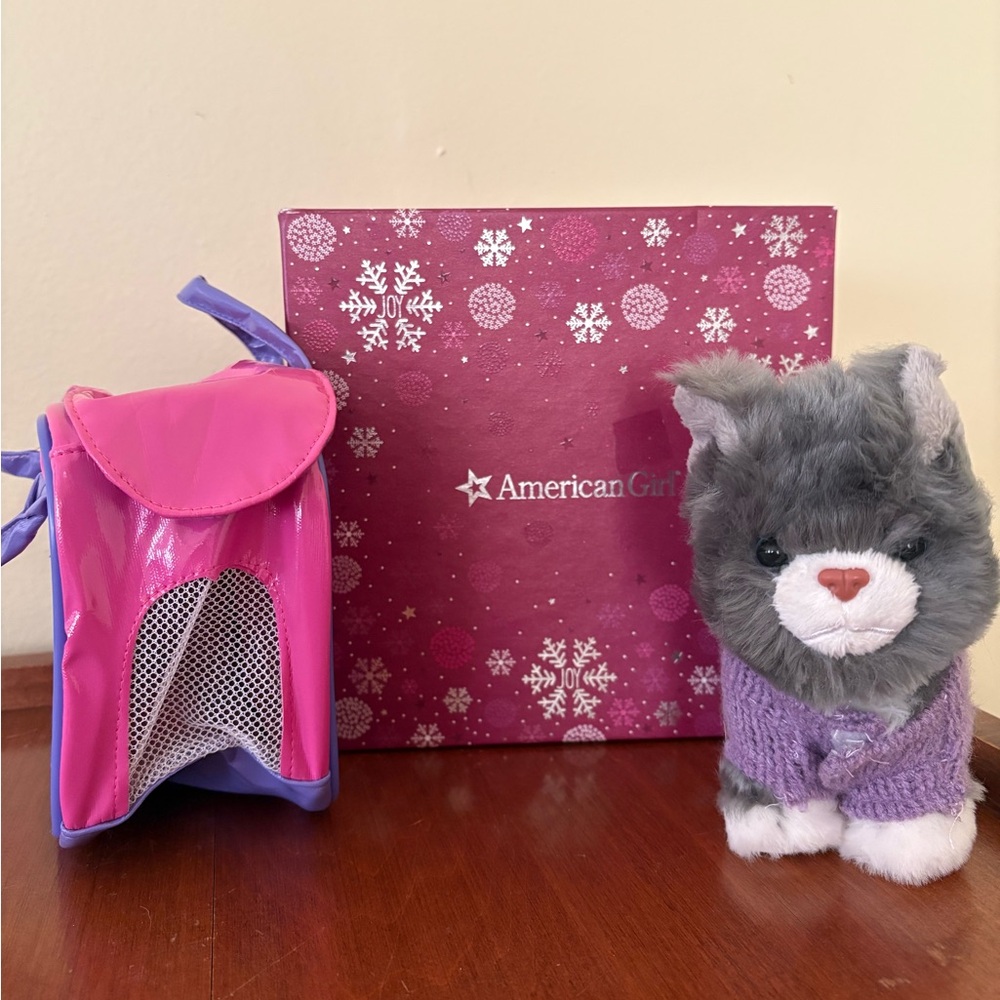 American Girl Gray and White Plush Cat with Pet Carrier